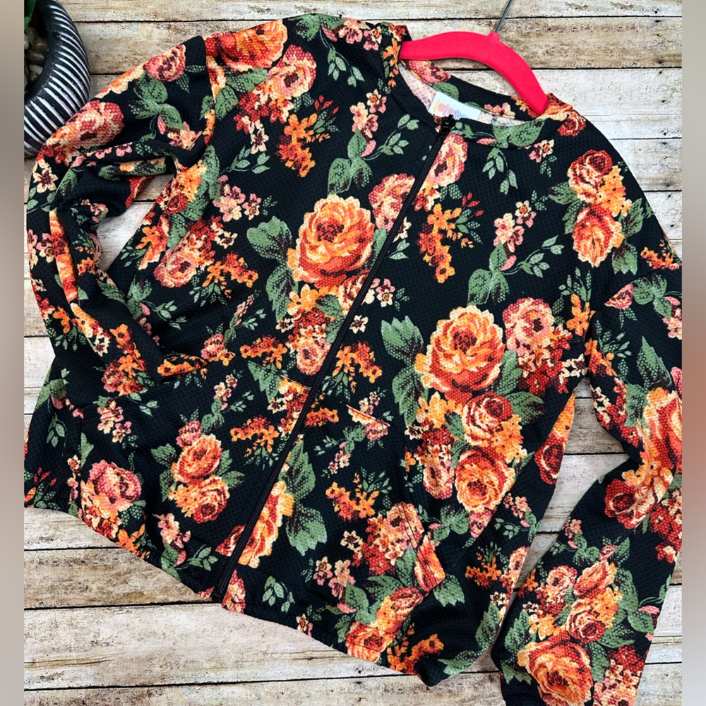 Orange Floral Black Kids Jacket (vaulted LuLaRoe Monroe, vintage LLR) green